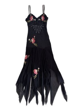 VTG Y2K Cache Silk Maxi Dress Sz 8 Beaded Embroidered Floral Whimsy Fairy Goth